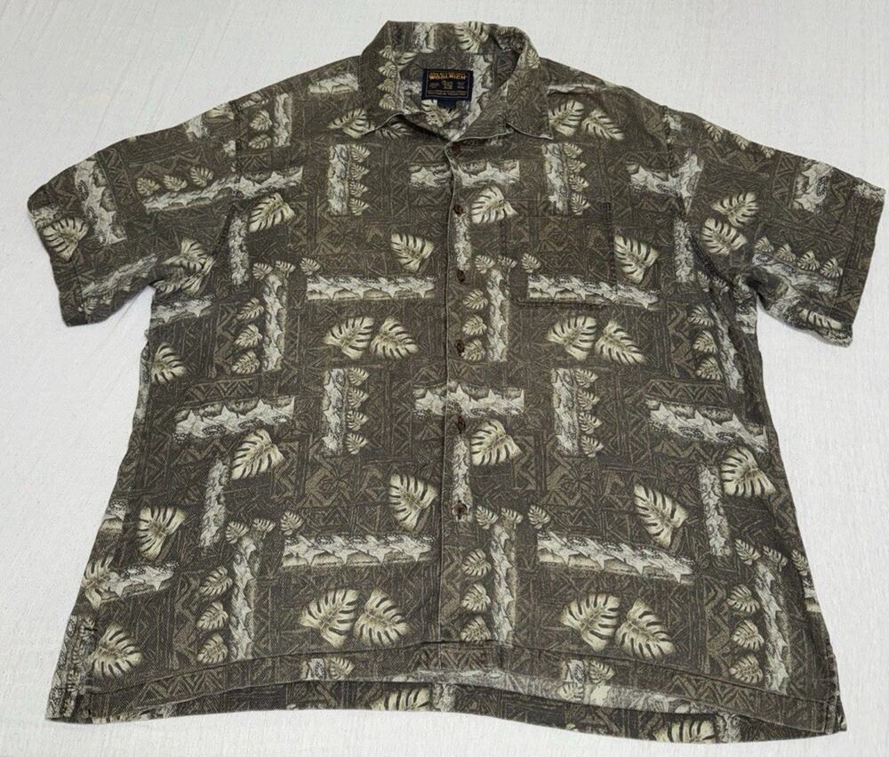 Woolrich Shirt Mens Large Green Tropical Leaf Print Short Sleeve Button Up 2XL